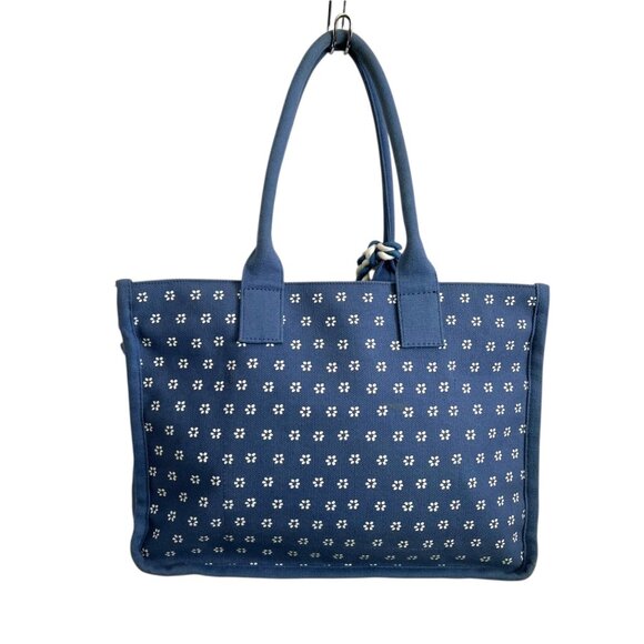 J. Crew Floral Chambray Canvas Structured Tote Blue Boho Coastal Beach Picnic - Picture 2 of 16